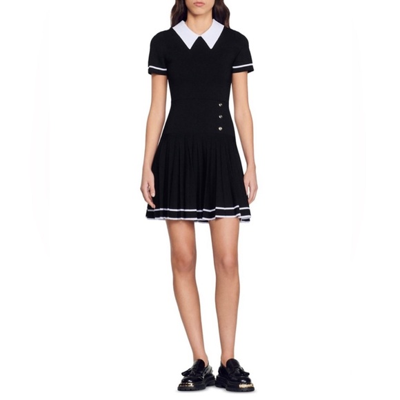 Sandro Hirondelle Black Knit Collared Dress 40 8 - Picture 3 of 4